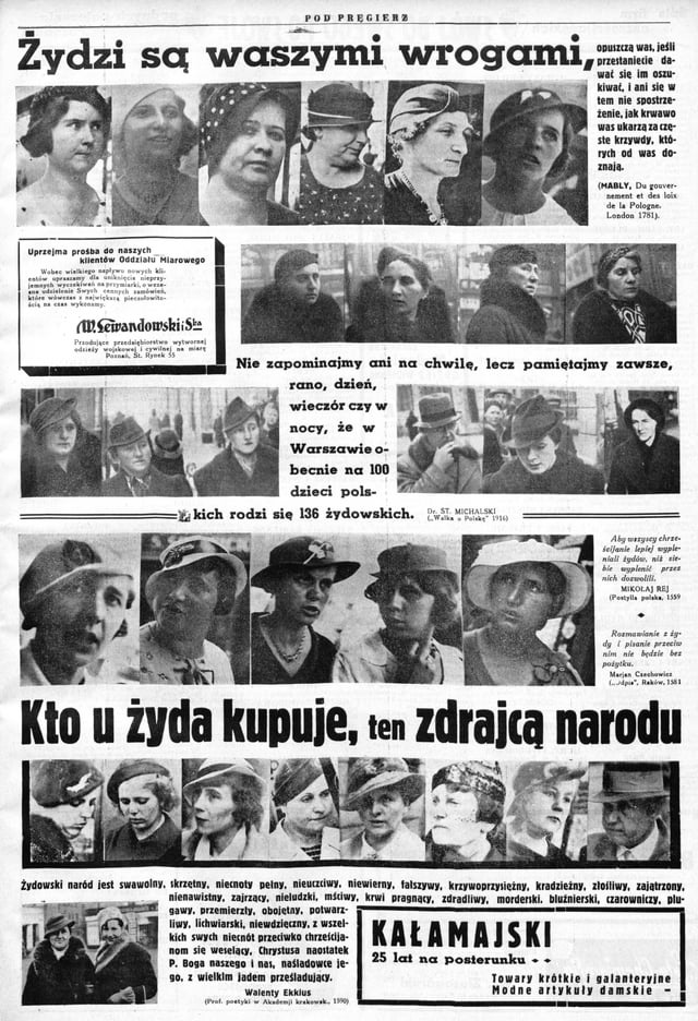 "Whoever buys from a Jew is a traitor to the nation.", Poland, 1937, Published photos of customers of Jewish-owned businesses