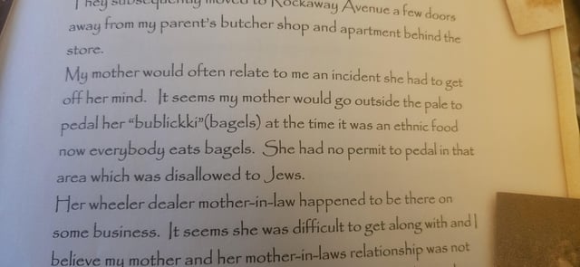 Found this passage of my great-great grandmother selling bagels in NYC at the turn of the century particularly interesting. This was from a family history/tree my great-grandmother wrote.